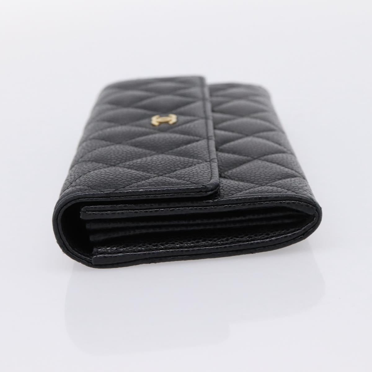 CHANEL Matelasse Long Wallet Caviar Skin Black Gold CC Auth 204114M