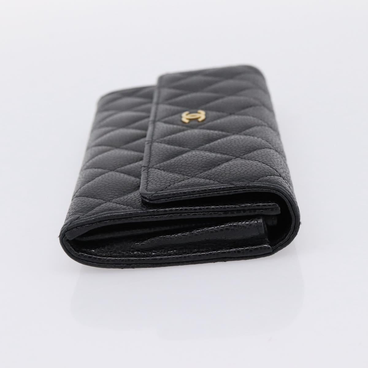 CHANEL Matelasse Long Wallet Caviar Skin Black Gold CC Auth 204114M