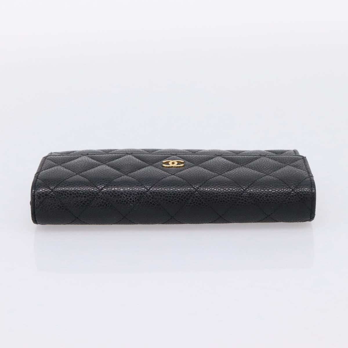CHANEL Matelasse Long Wallet Caviar Skin Black Gold CC Auth 204114M