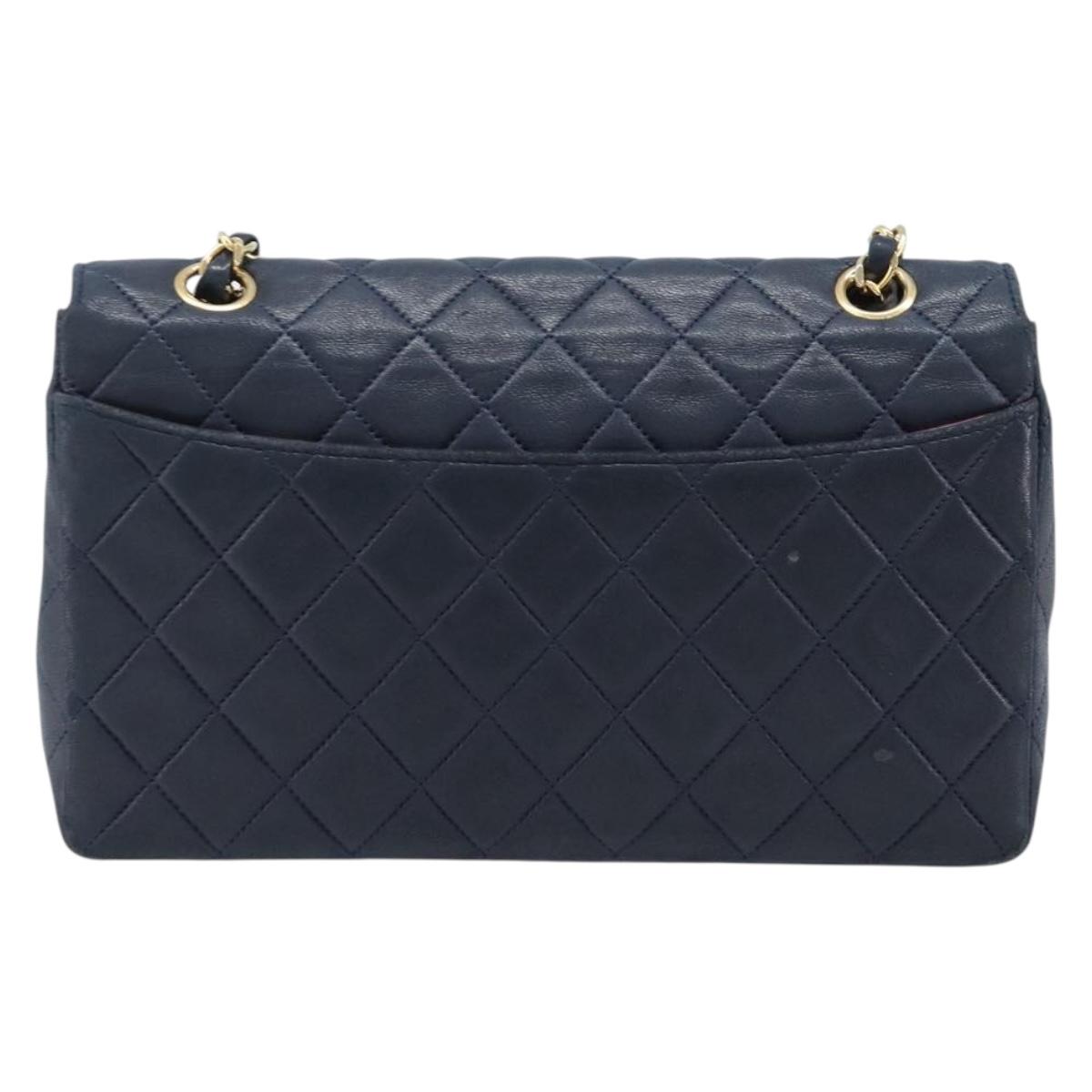 CHANEL Matelasse Chain Shoulder Bag Lamb Skin Navy Gold CC Auth 204122V