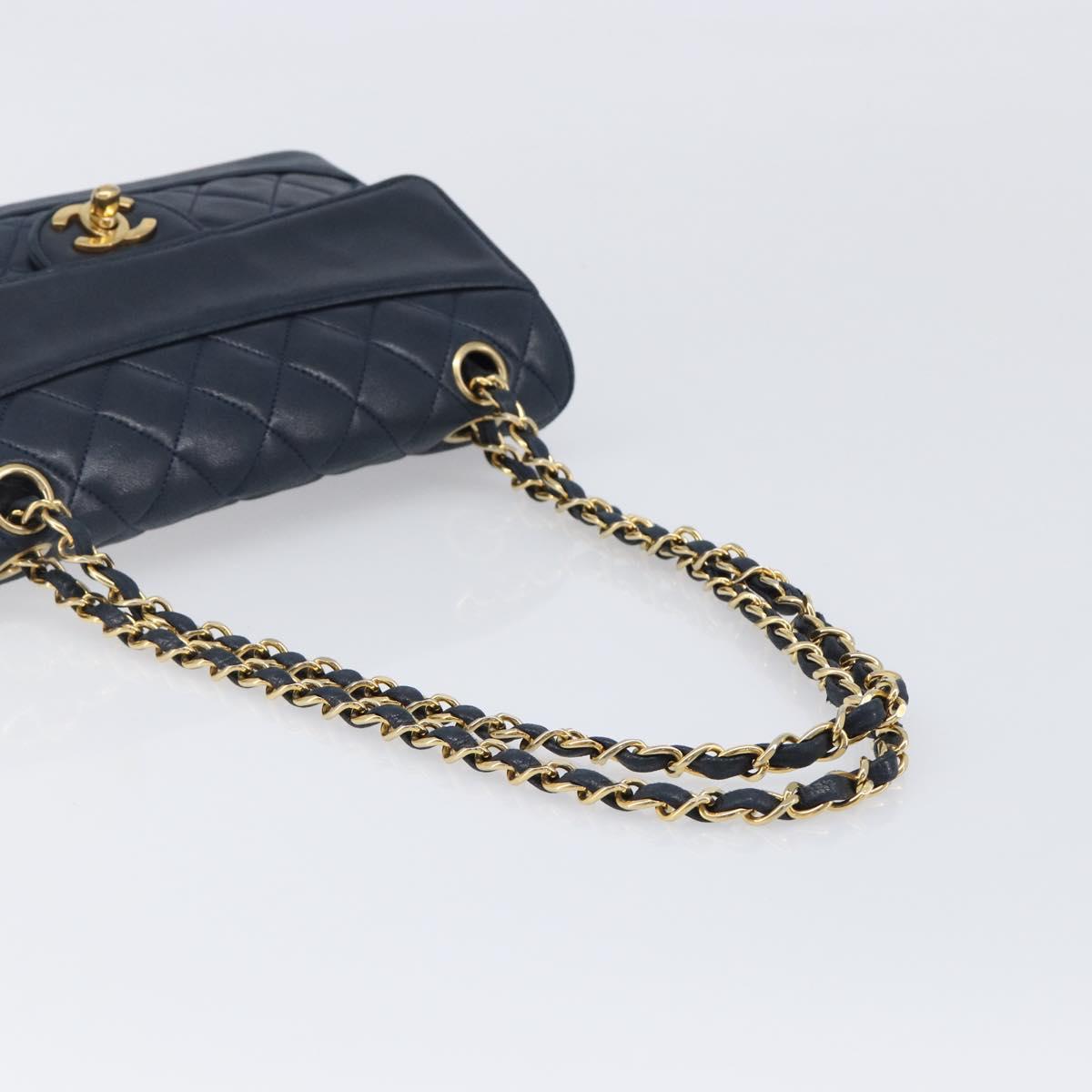 CHANEL Matelasse Chain Shoulder Bag Lamb Skin Navy Gold CC Auth 204122V