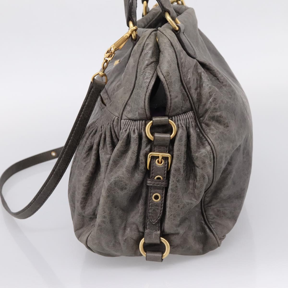 Miu Miu Vitellolux Hand Bag Leather 2way Gray Gold Auth 204126V