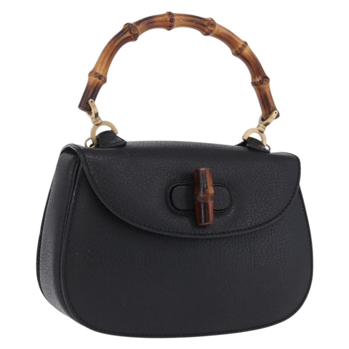 GUCCI Bamboo Hand Bag Leather Black Gold 000 2046 0188 Auth 204145V
