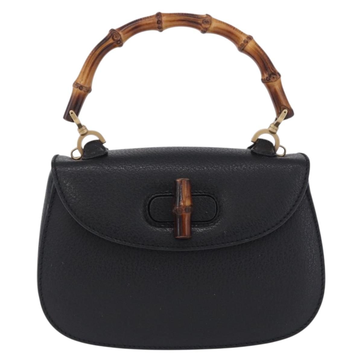 GUCCI Bamboo Hand Bag Leather Black Gold 000 2046 0188 Auth 204145V
