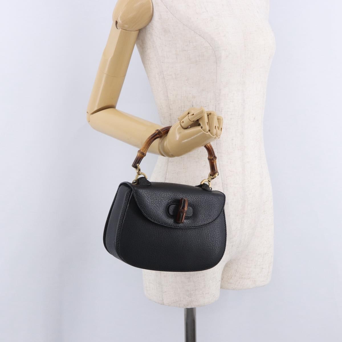 GUCCI Bamboo Hand Bag Leather Black Gold 000 2046 0188 Auth 204145V