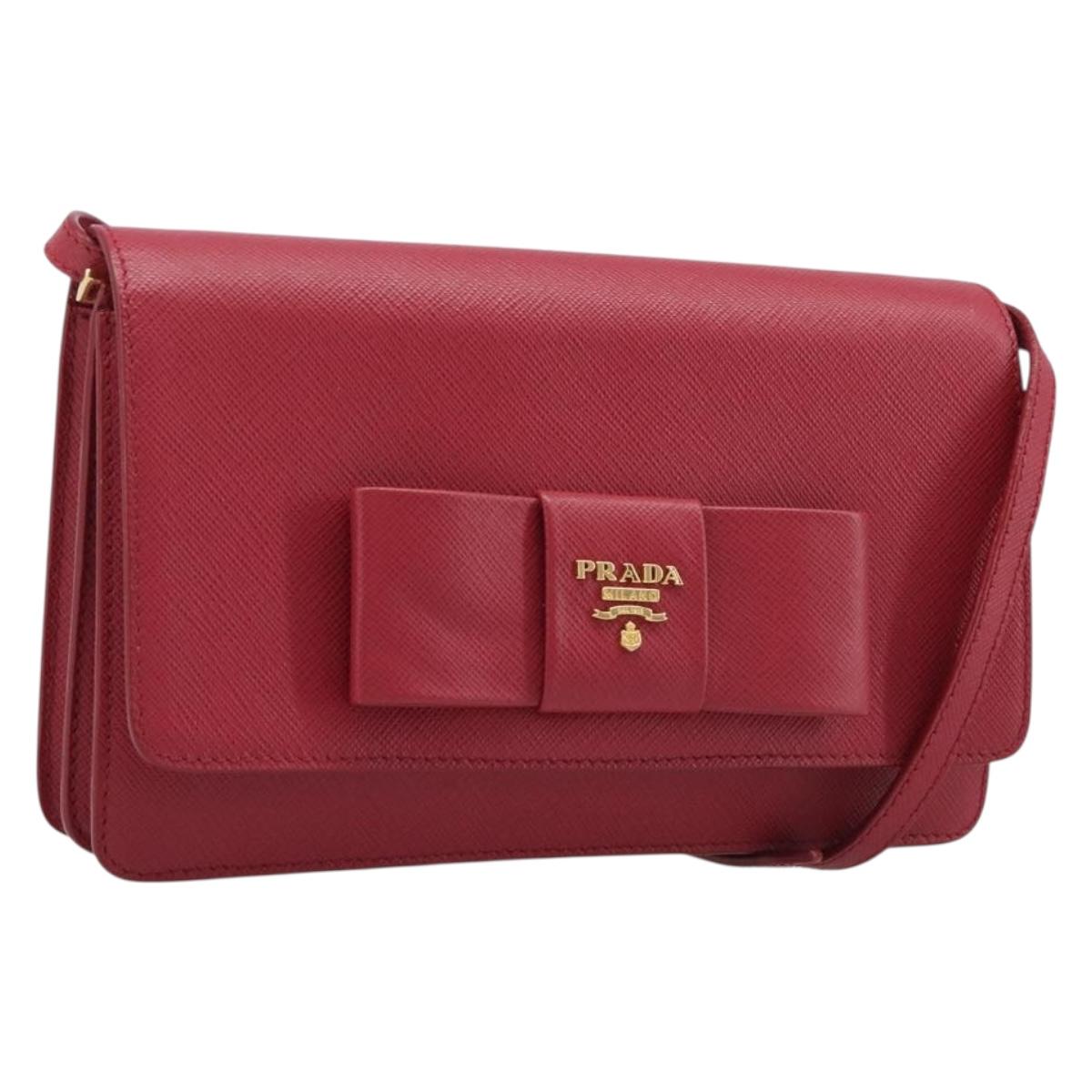 PRADA Chain Wallet Shoulder Bag Safiano leather Red Gold Auth 204149V