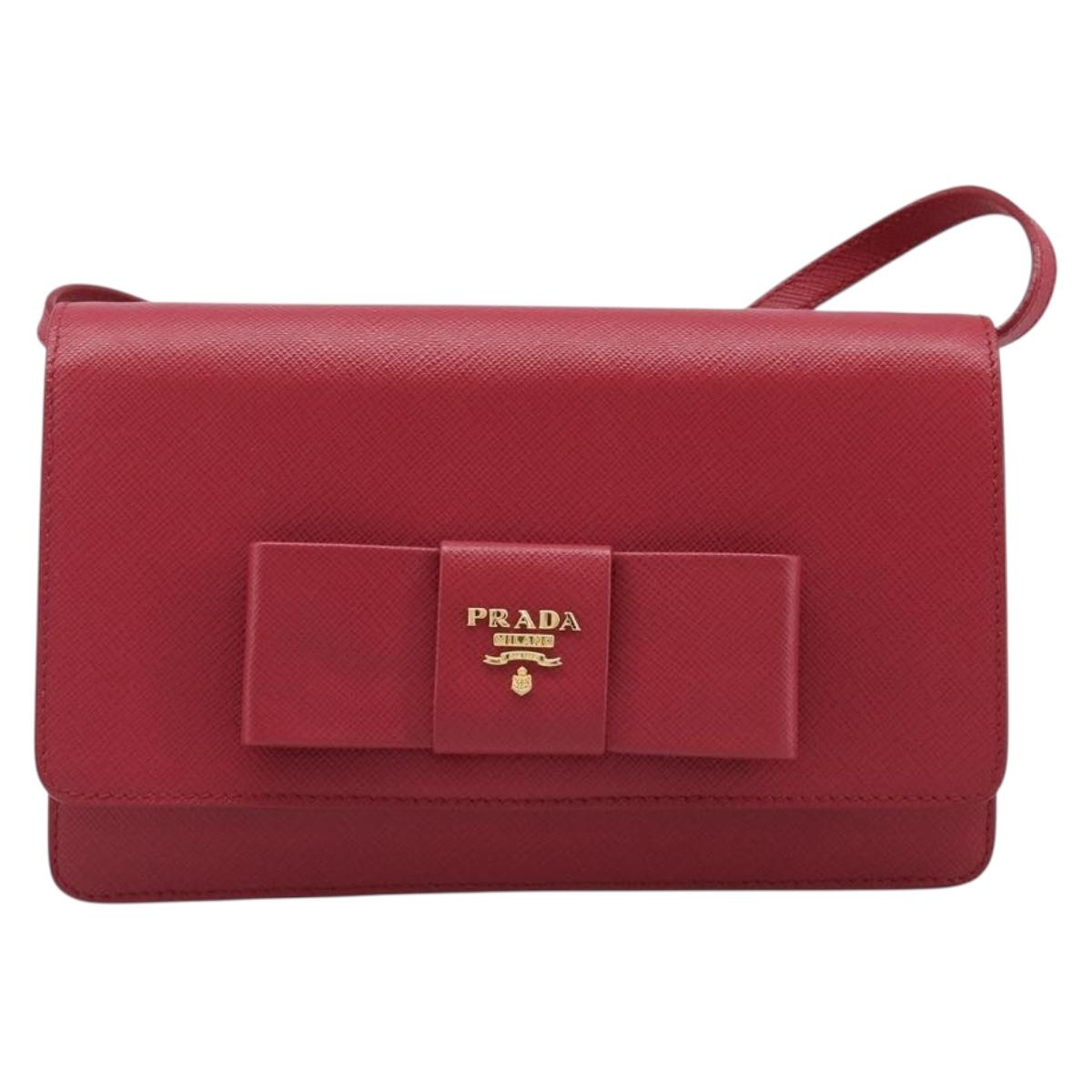 PRADA Chain Wallet Shoulder Bag Safiano leather Red Gold Auth 204149V