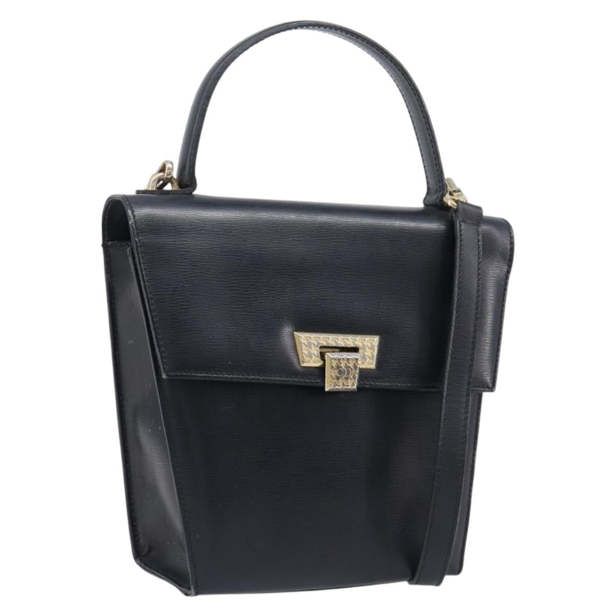 Christian Dior Hand Bag Leather 2way Black Gold Auth 204155