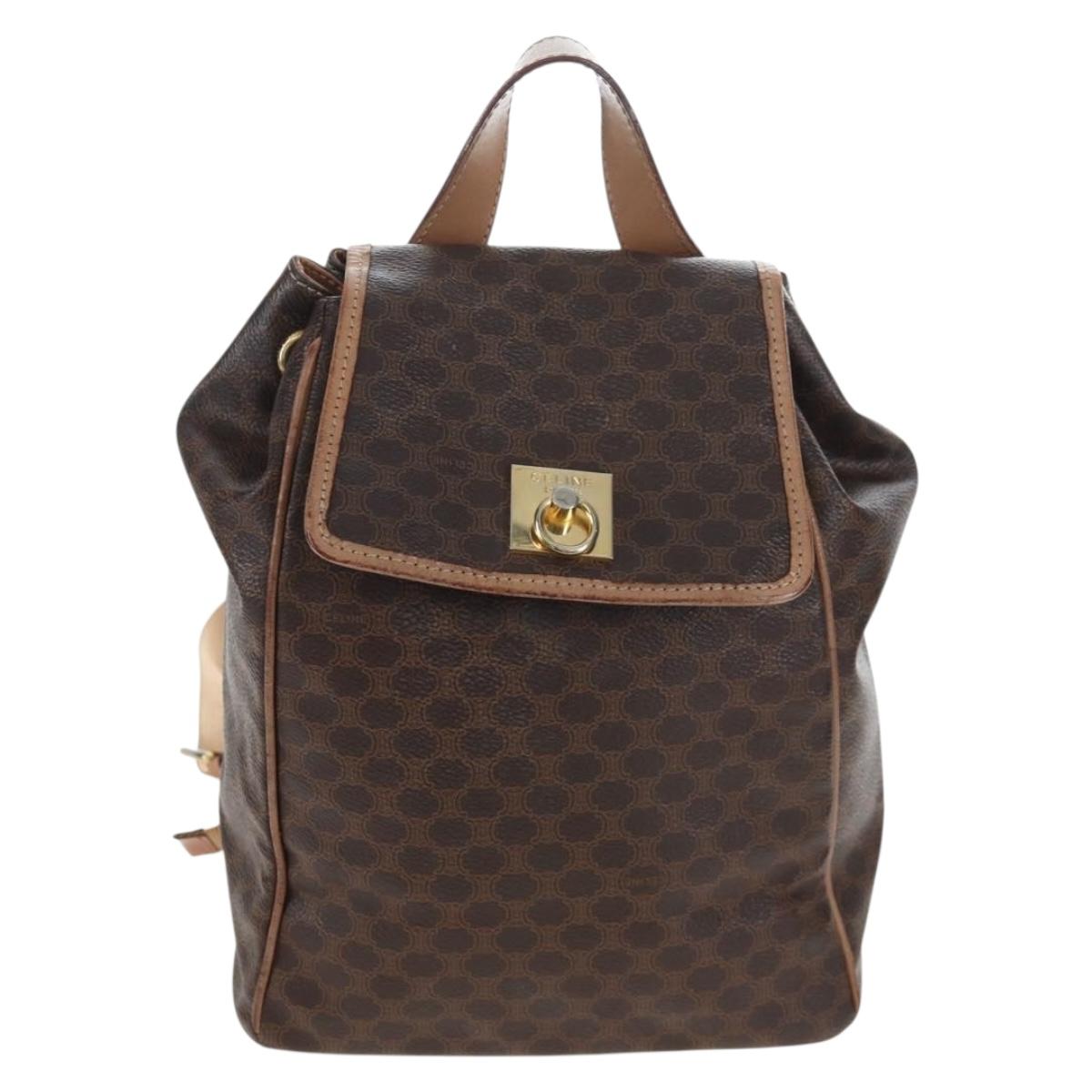 CELINE Macadam Canvas Backpack PVC Leather Brown Gold Auth 204235