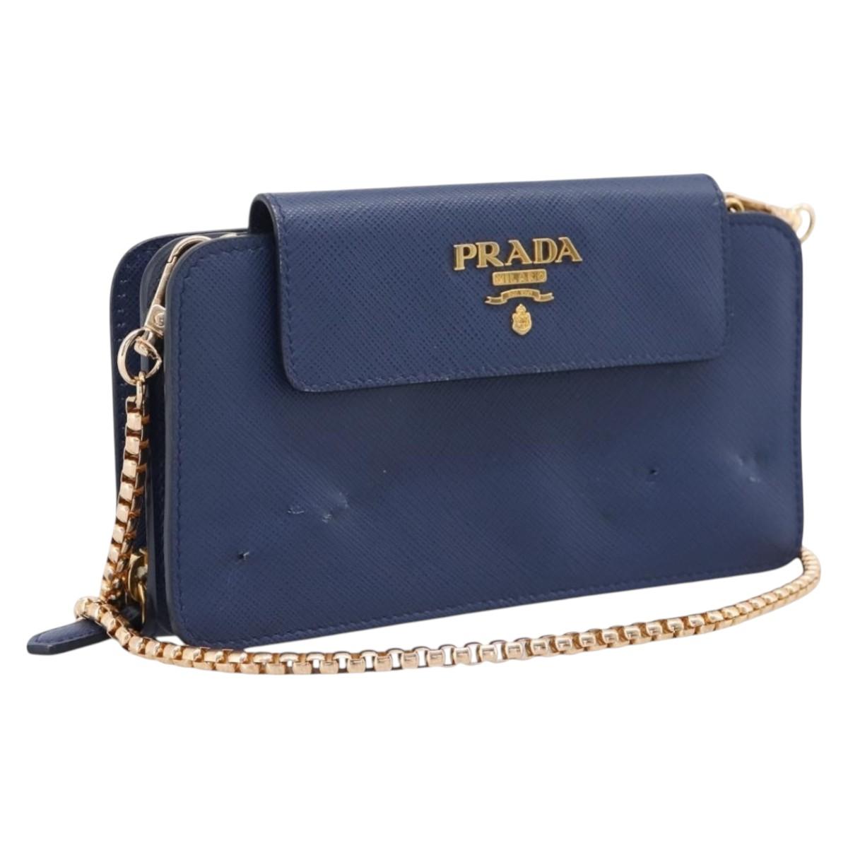 PRADA Chain Shoulder Wallet Safiano Leather Blue Gold Auth 204270