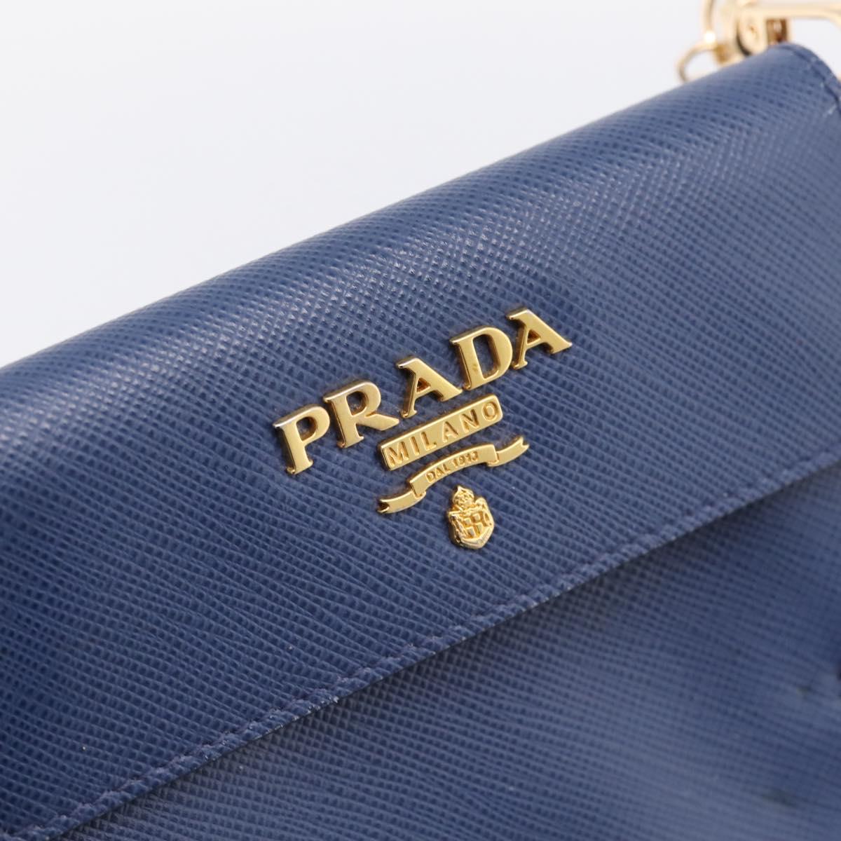 PRADA Chain Shoulder Wallet Safiano Leather Blue Gold Auth 204270