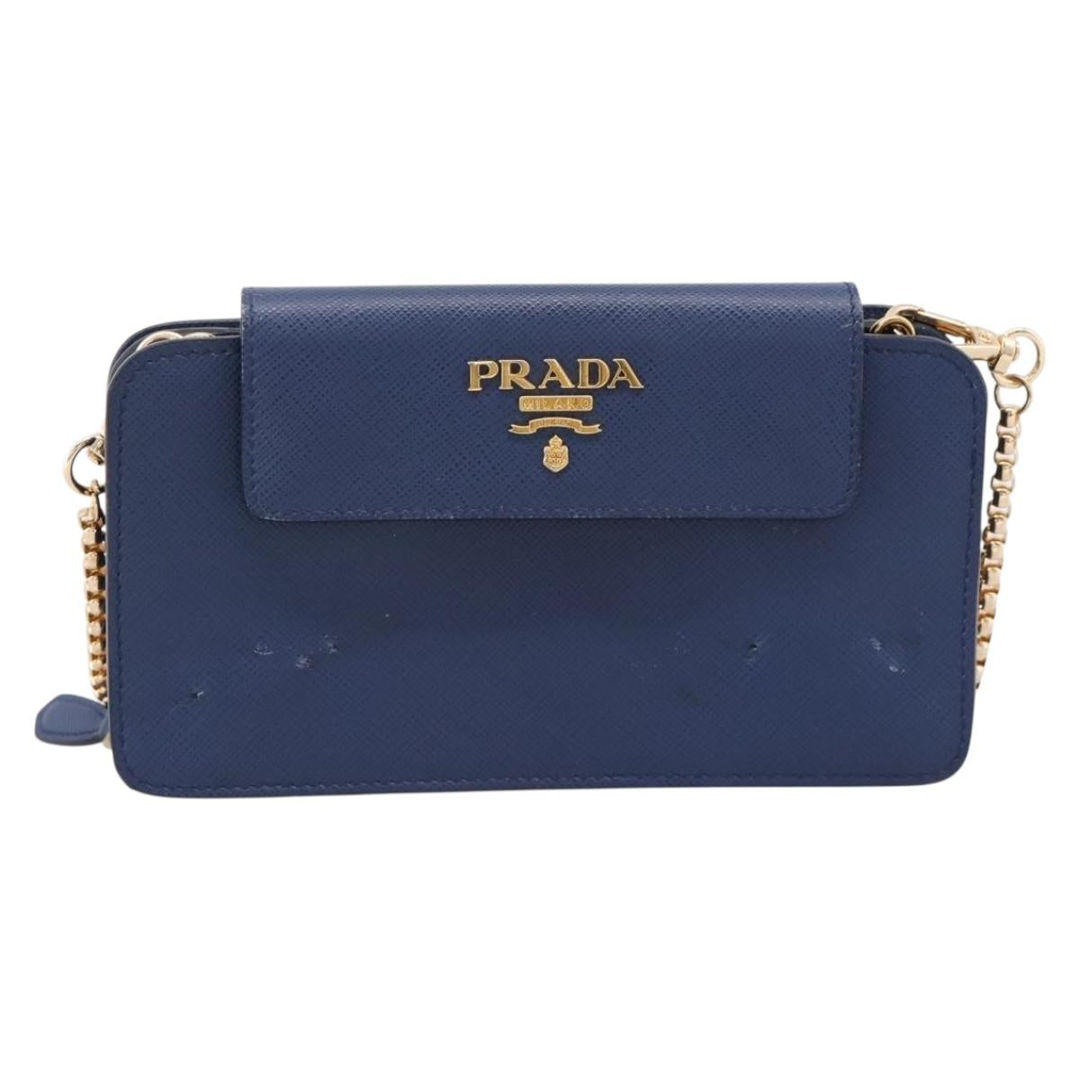 PRADA Chain Shoulder Wallet Safiano Leather Blue Gold Auth 204270