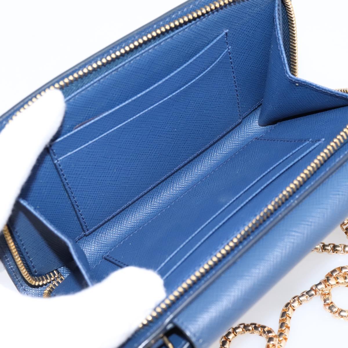 PRADA Chain Shoulder Wallet Safiano Leather Blue Gold Auth 204270
