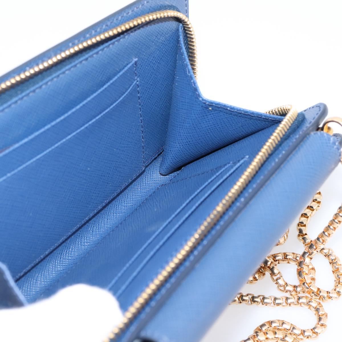 PRADA Chain Shoulder Wallet Safiano Leather Blue Gold Auth 204270