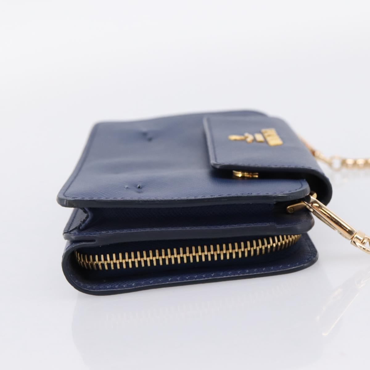PRADA Chain Shoulder Wallet Safiano Leather Blue Gold Auth 204270