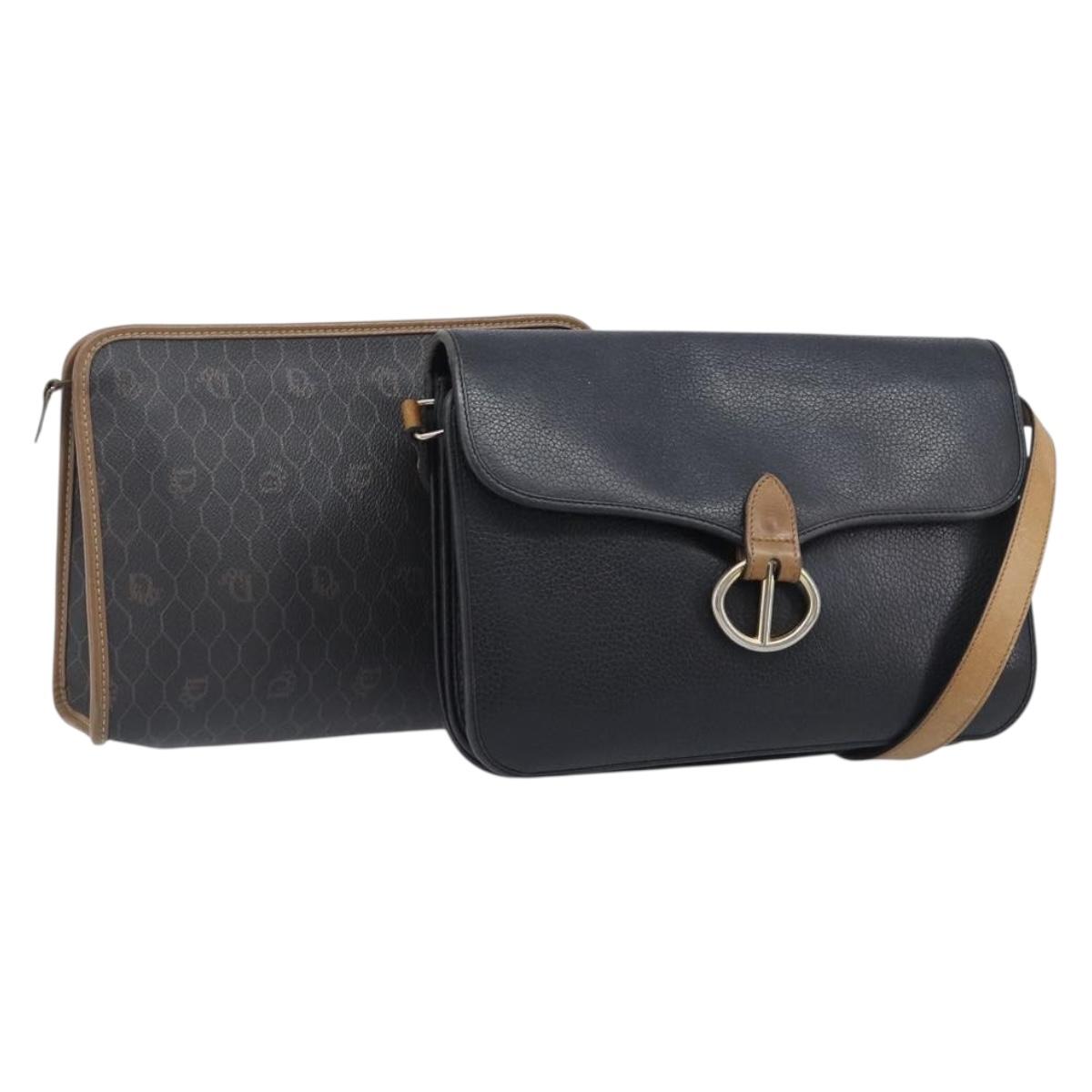 Christian Dior Honeycomb Canvas Shoulder Bag PVC 2 Set Black Auth 204274