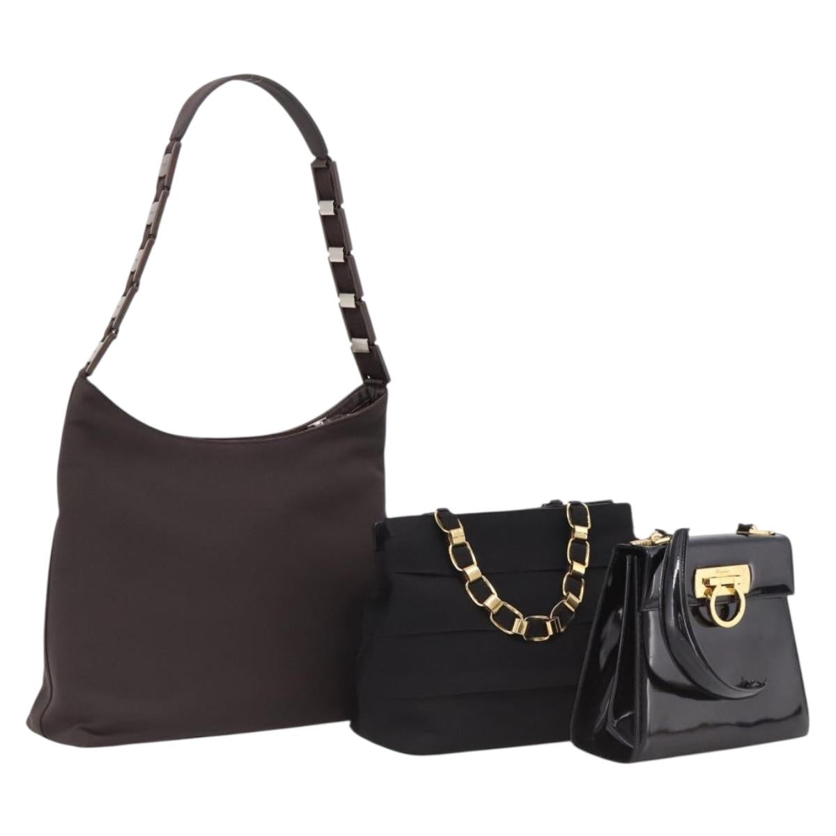 Salvatore Ferragamo Shoulder Bag Leather Canvas 3 Set Black Brown Auth 204276