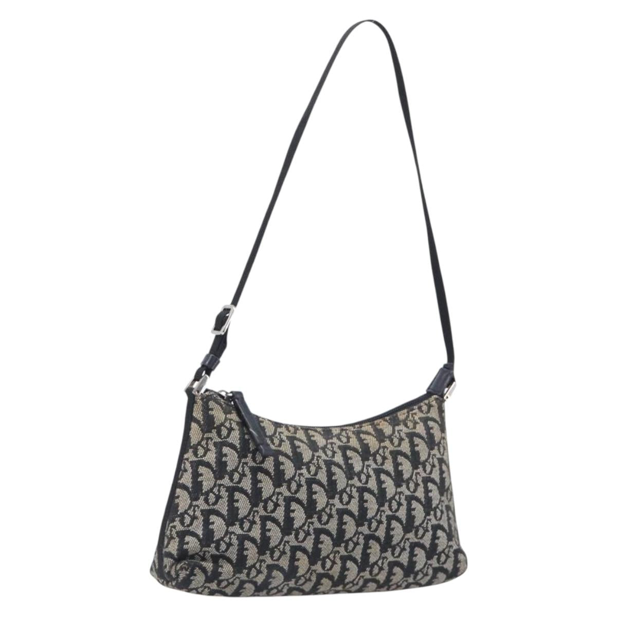 Christian Dior Trotter Canvas Shoulder Bag Black Silver Auth 204279A