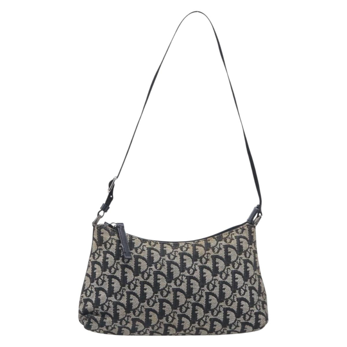 Christian Dior Trotter Canvas Shoulder Bag Black Silver Auth 204279A
