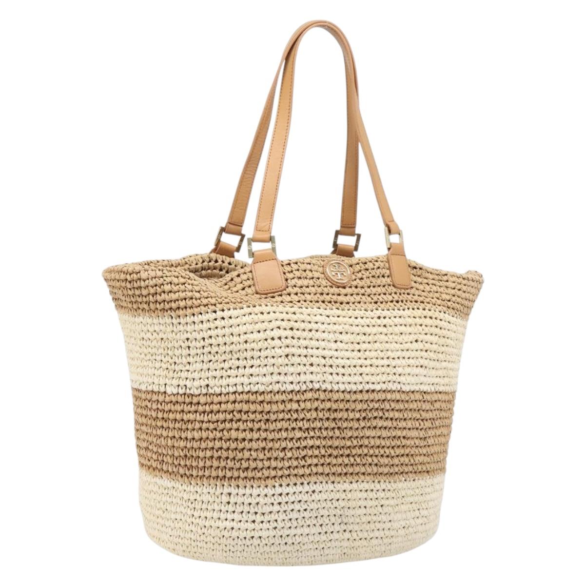 Tory Burch Tote Bag Raffia Beige Gold Tone Auth 204285A