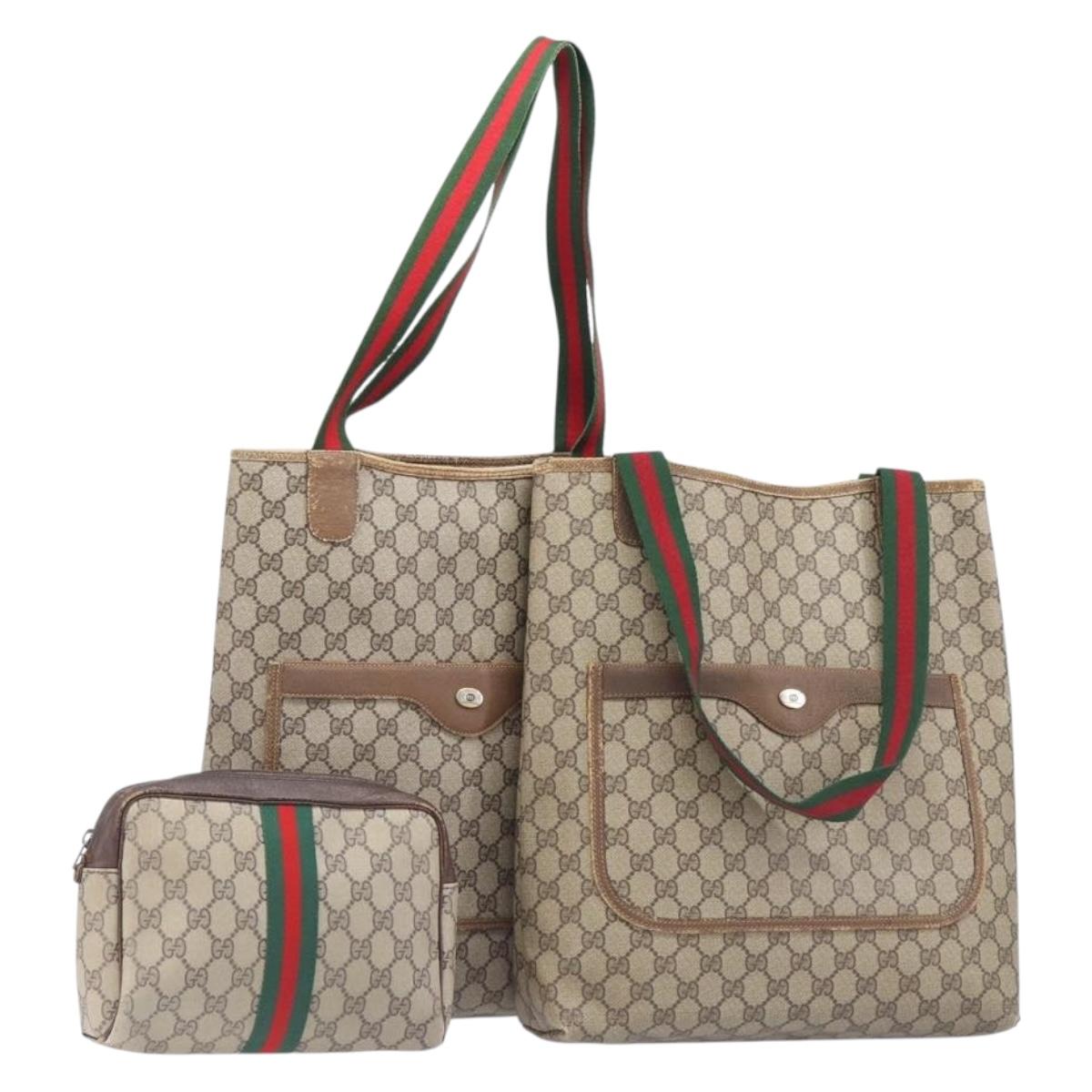 GUCCI GG Supreme Web Sherry Line Shoulder Bag PVC 3 Set Beige Auth 204286