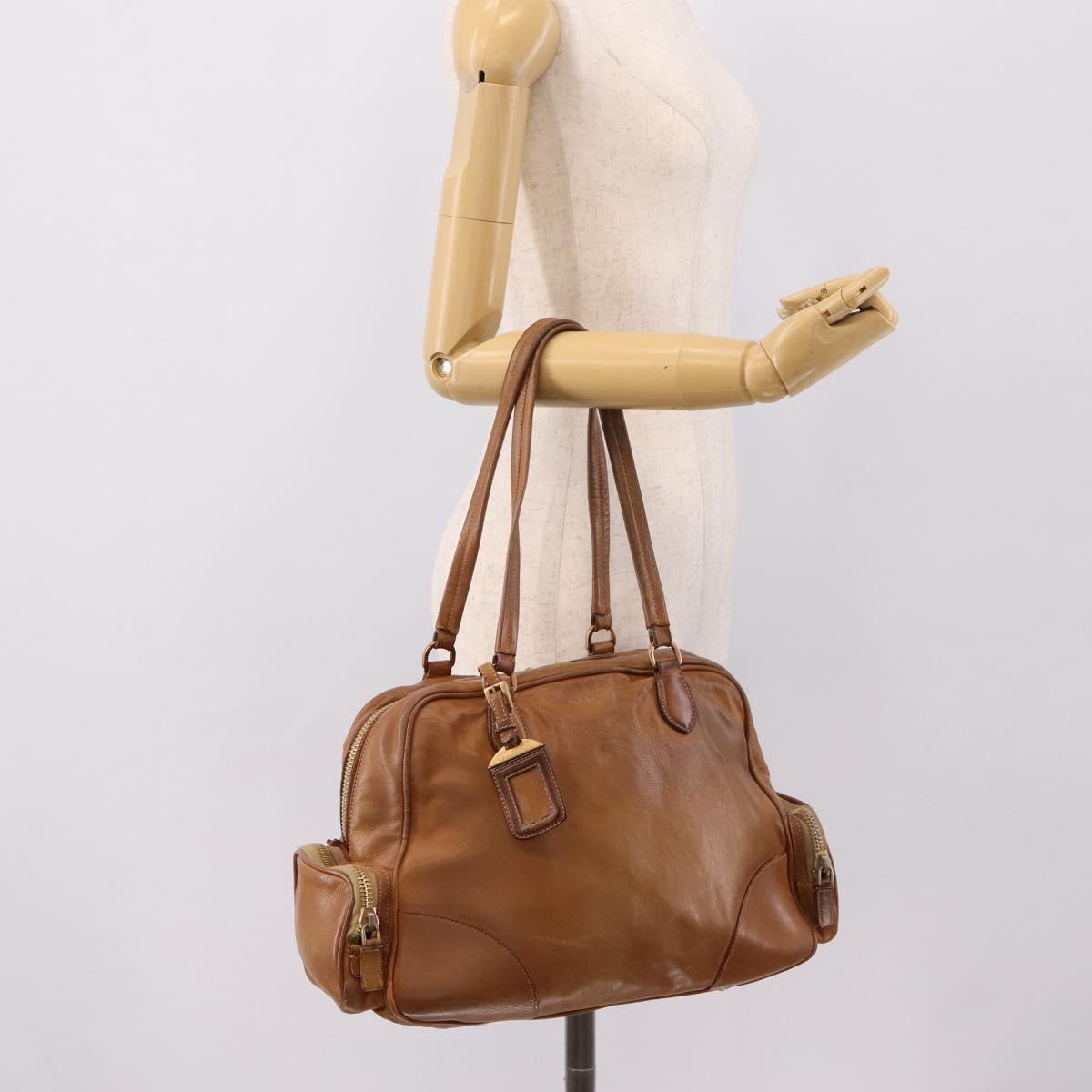 PRADA Tote Bag Leather Beige Gold Auth 204306