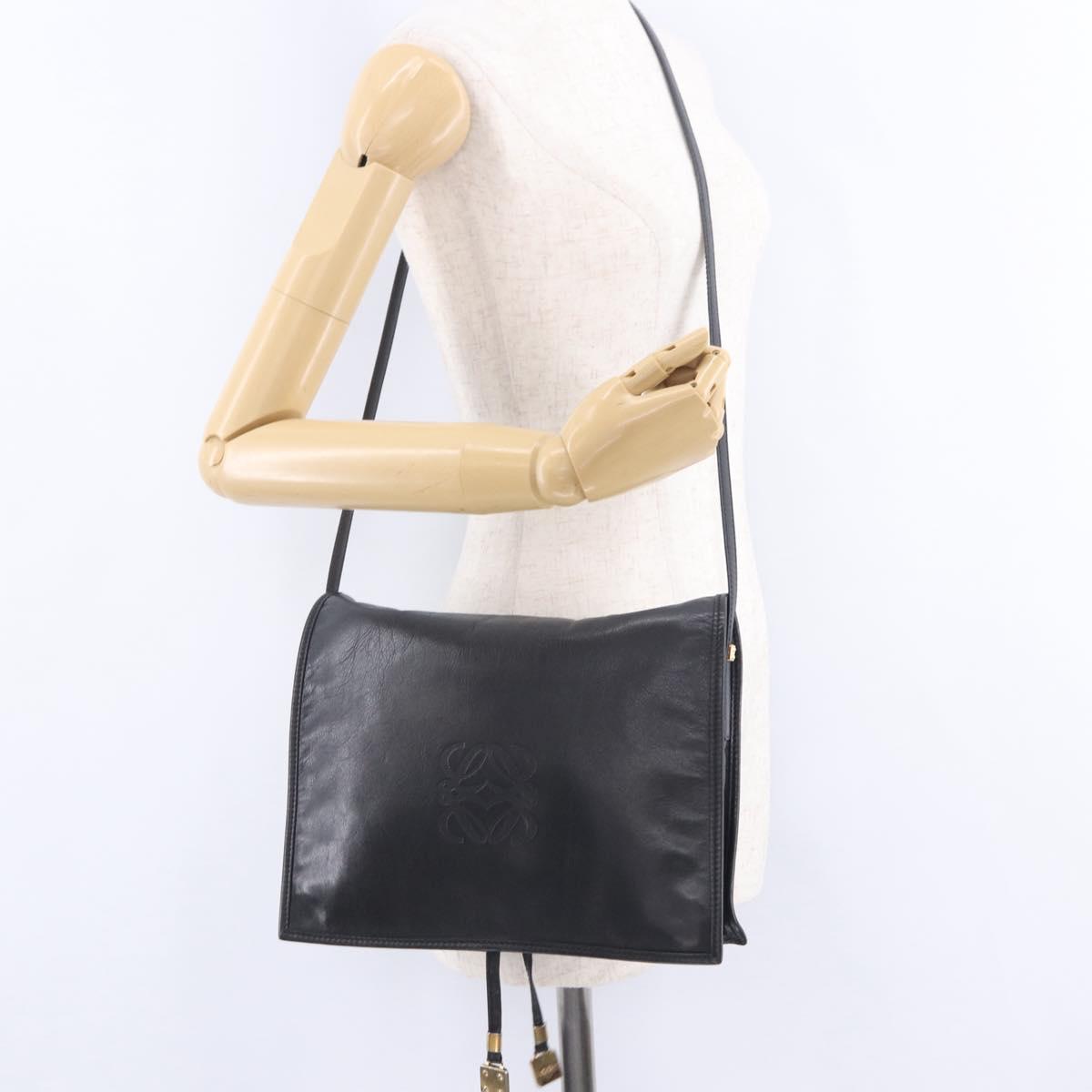 LOEWE Anagram Shoulder Bag Leather Black Gold Auth 204314A