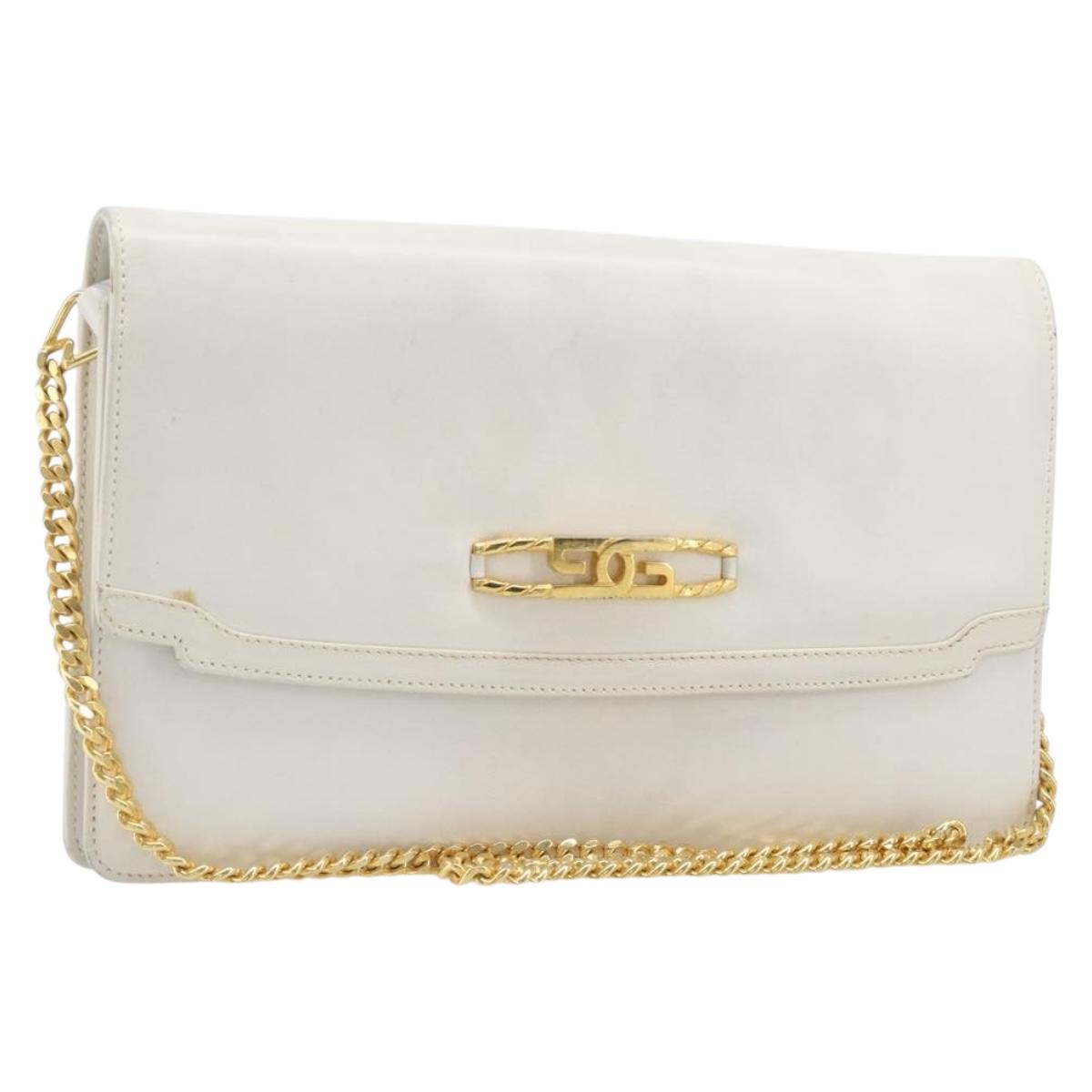 GUCCI Chain Shoulder Bag Leather White Gold Auth 204318