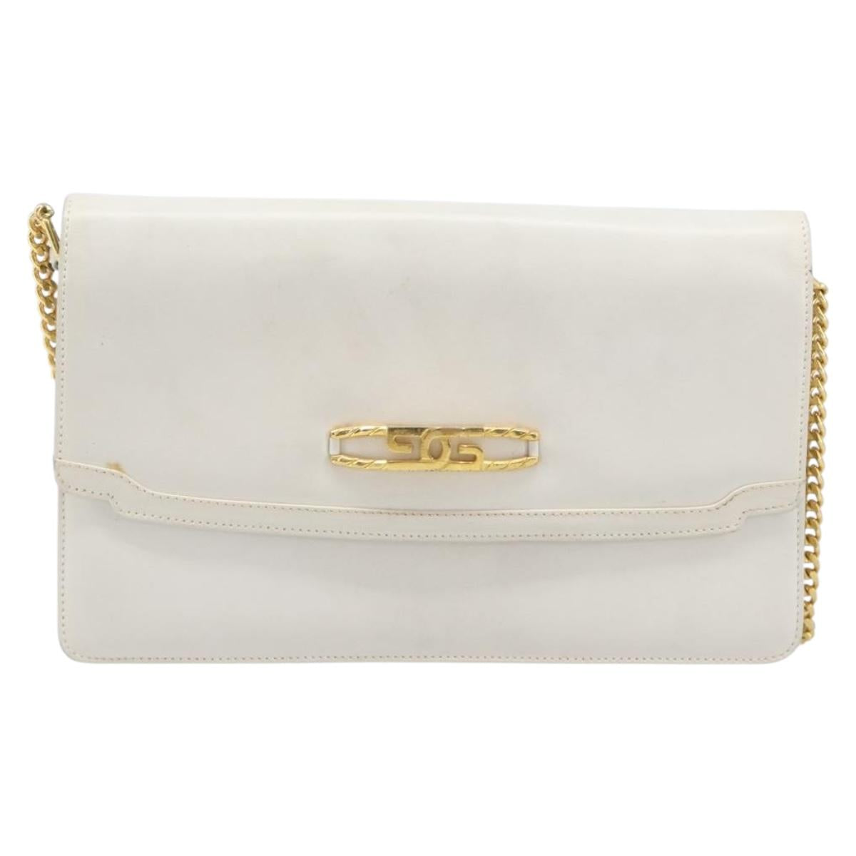 GUCCI Chain Shoulder Bag Leather White Gold Auth 204318