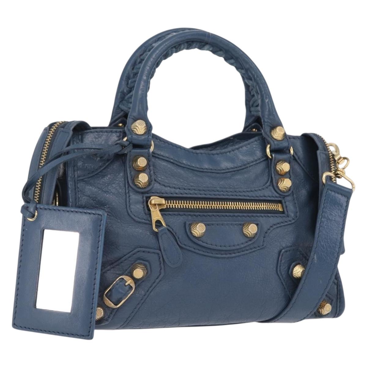BALENCIAGA Giant Mini cCty Hand Bag Leather 2way Blue Gold 309544 Auth 204329M
