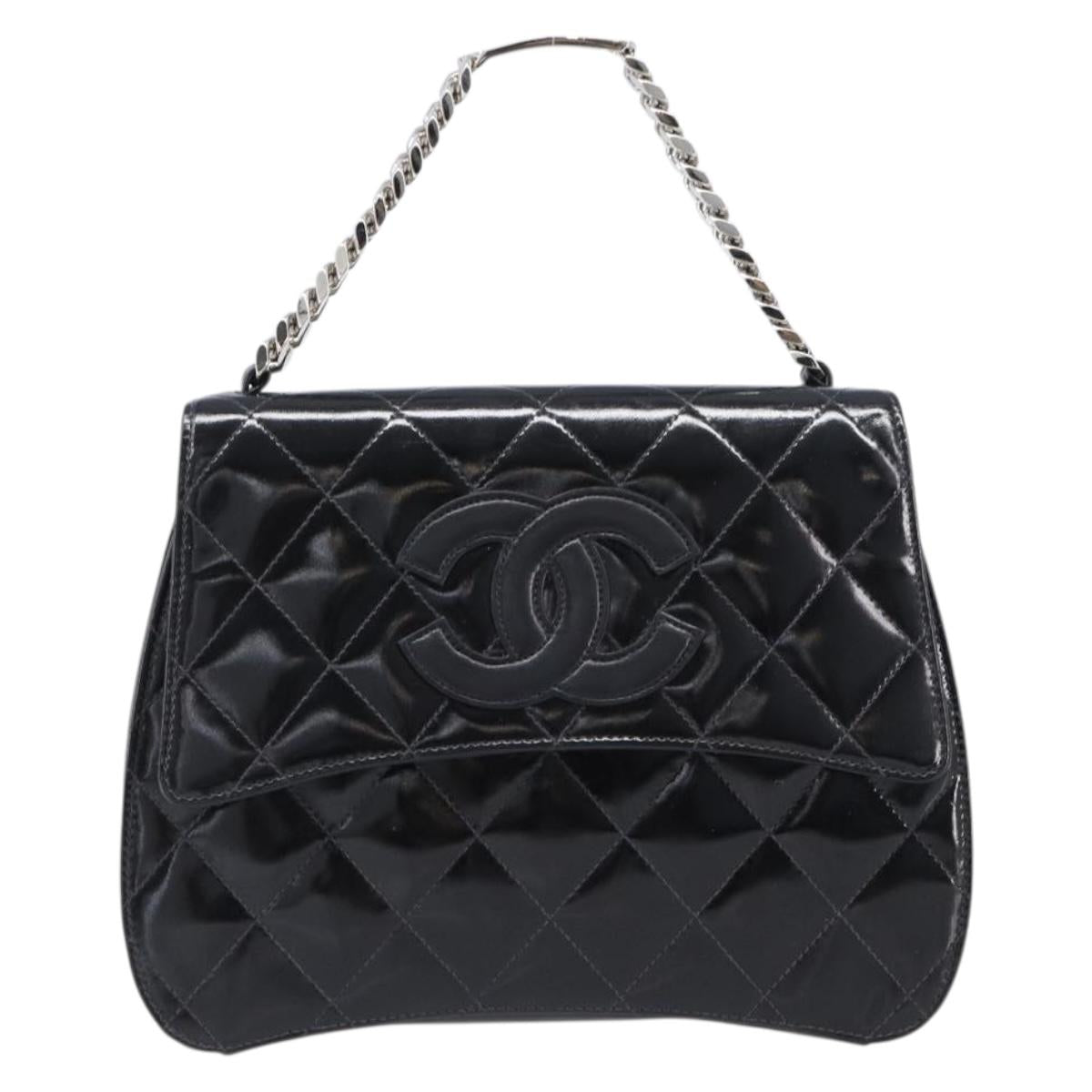 CHANEL Matelasse Chain Hand Bag Patent leather Black Silver CC Auth 204339A