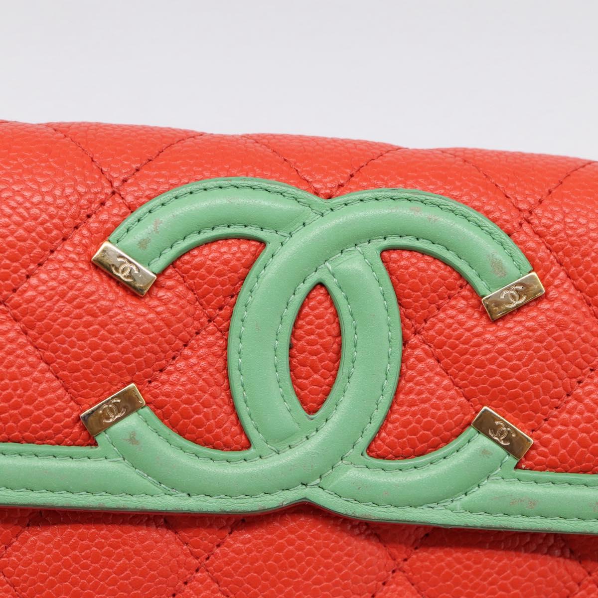 CHANEL CC Filigree Long Wallet Caviar Skin Red Gold CC Auth 204352M