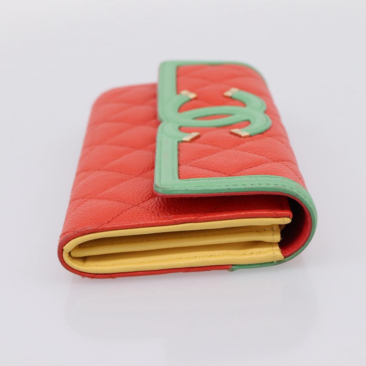 CHANEL CC Filigree Long Wallet Caviar Skin Red Gold CC Auth 204352M