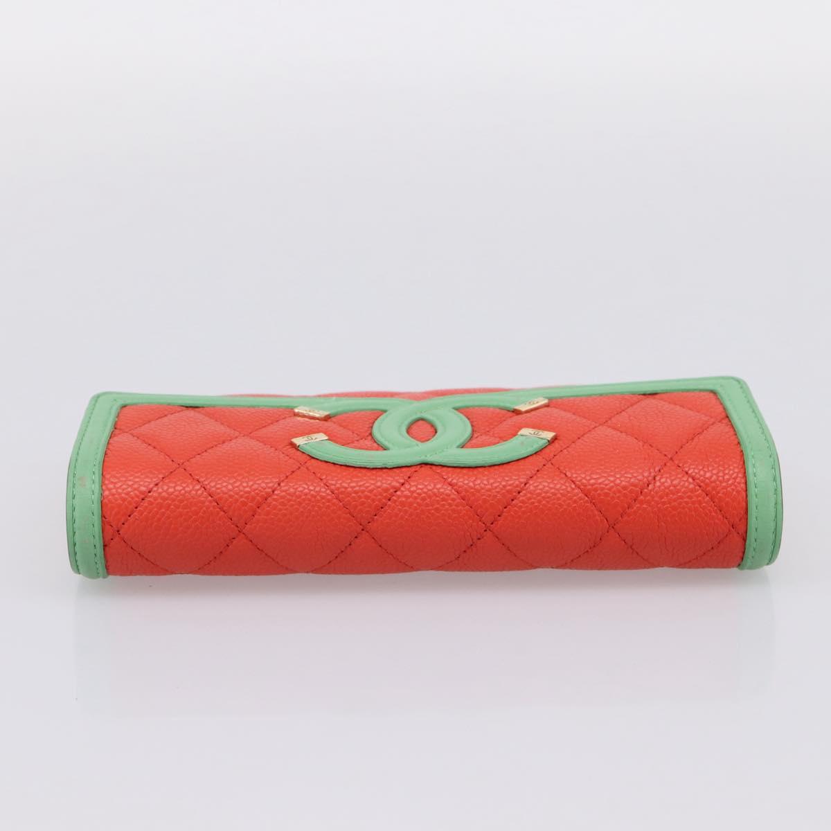 CHANEL CC Filigree Long Wallet Caviar Skin Red Gold CC Auth 204352M