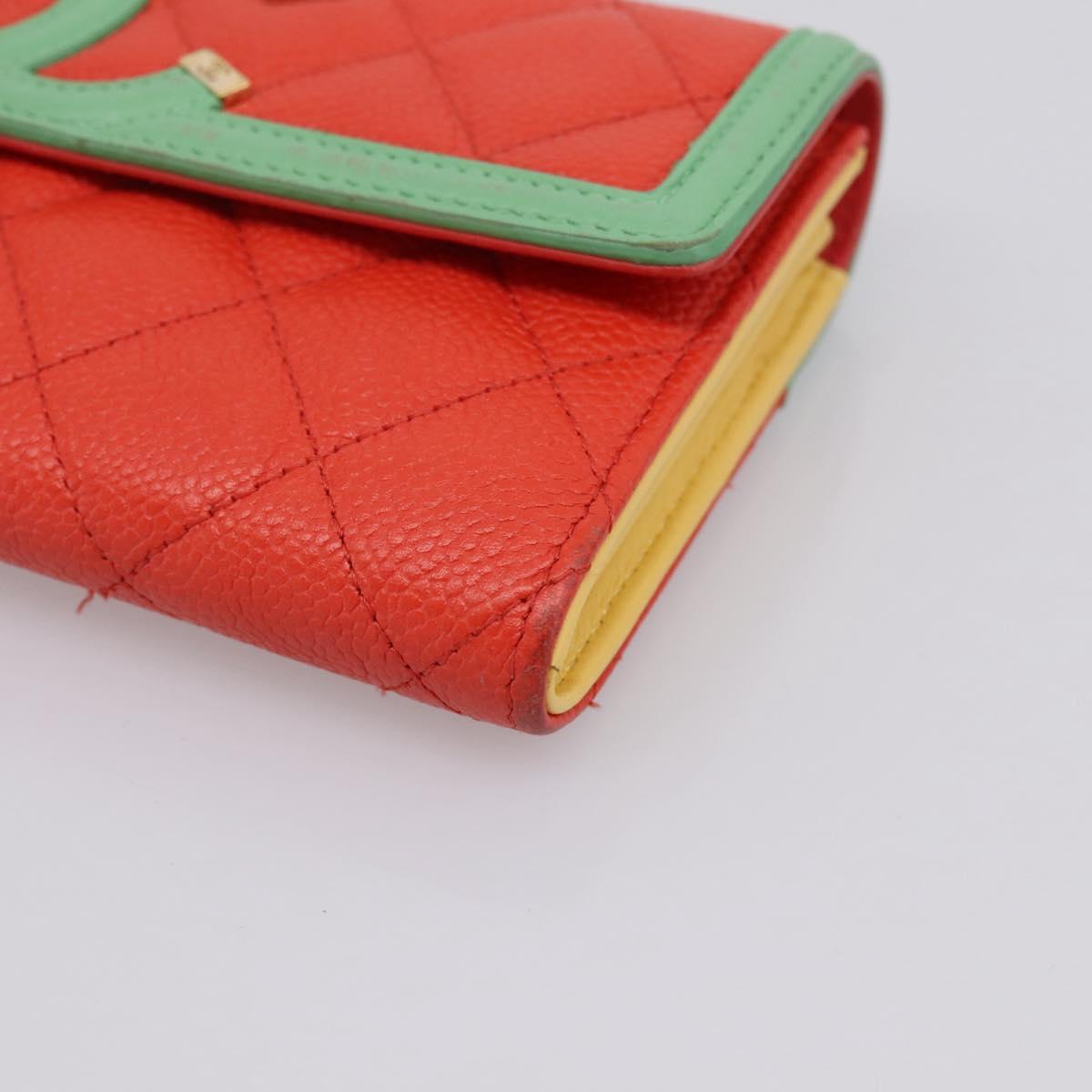 CHANEL CC Filigree Long Wallet Caviar Skin Red Gold CC Auth 204352M