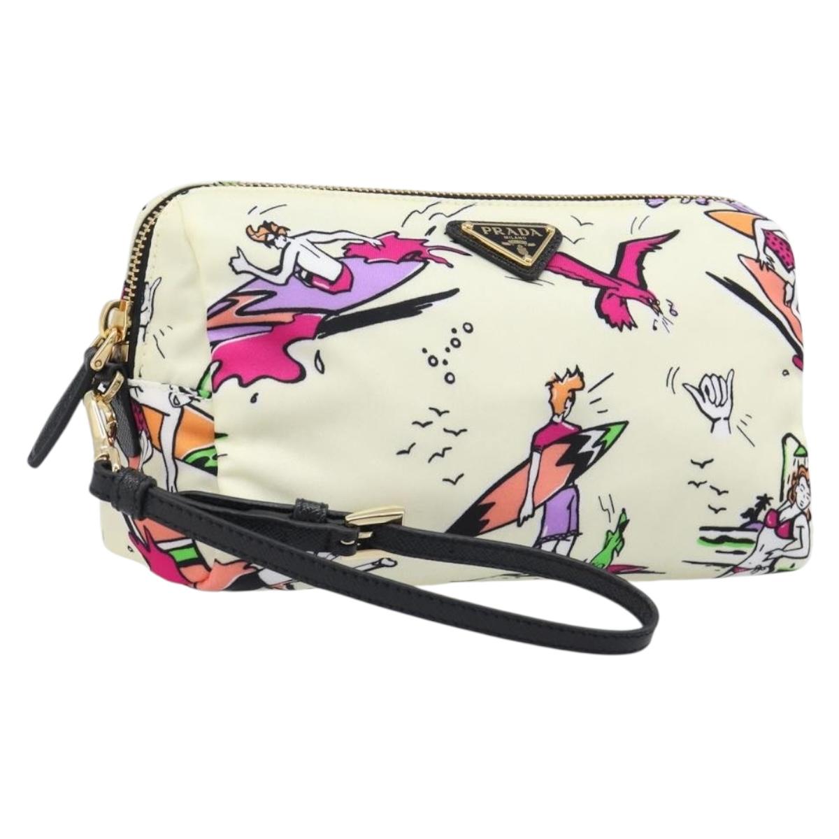 PRADA Pouch Nylon Ivory Gold Auth 204353A