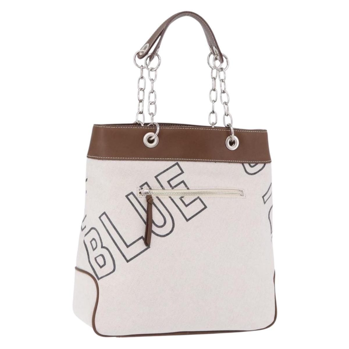 BURBERRY Blue Label Chain Tote Bag Canvas White Silver Auth 204369