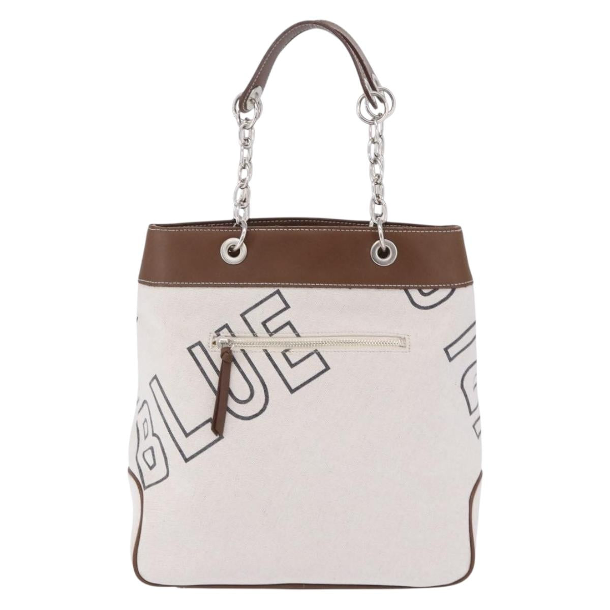 BURBERRY Blue Label Chain Tote Bag Canvas White Silver Auth 204369
