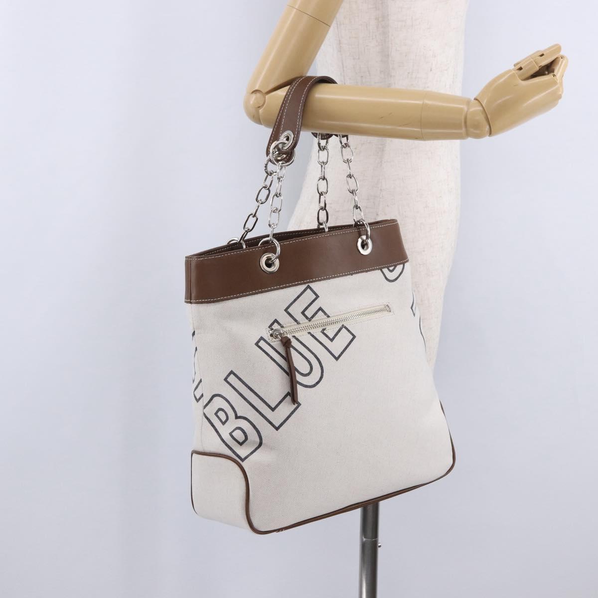 BURBERRY Blue Label Chain Tote Bag Canvas White Silver Auth 204369