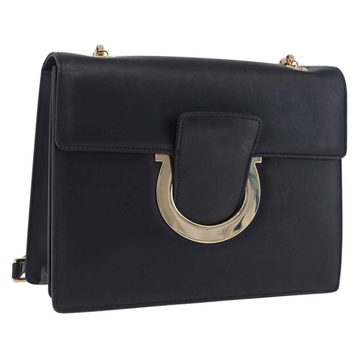 Salvatore Ferragamo Gancini Chain Shoulder Bag Leather Black Gold Auth 204374A