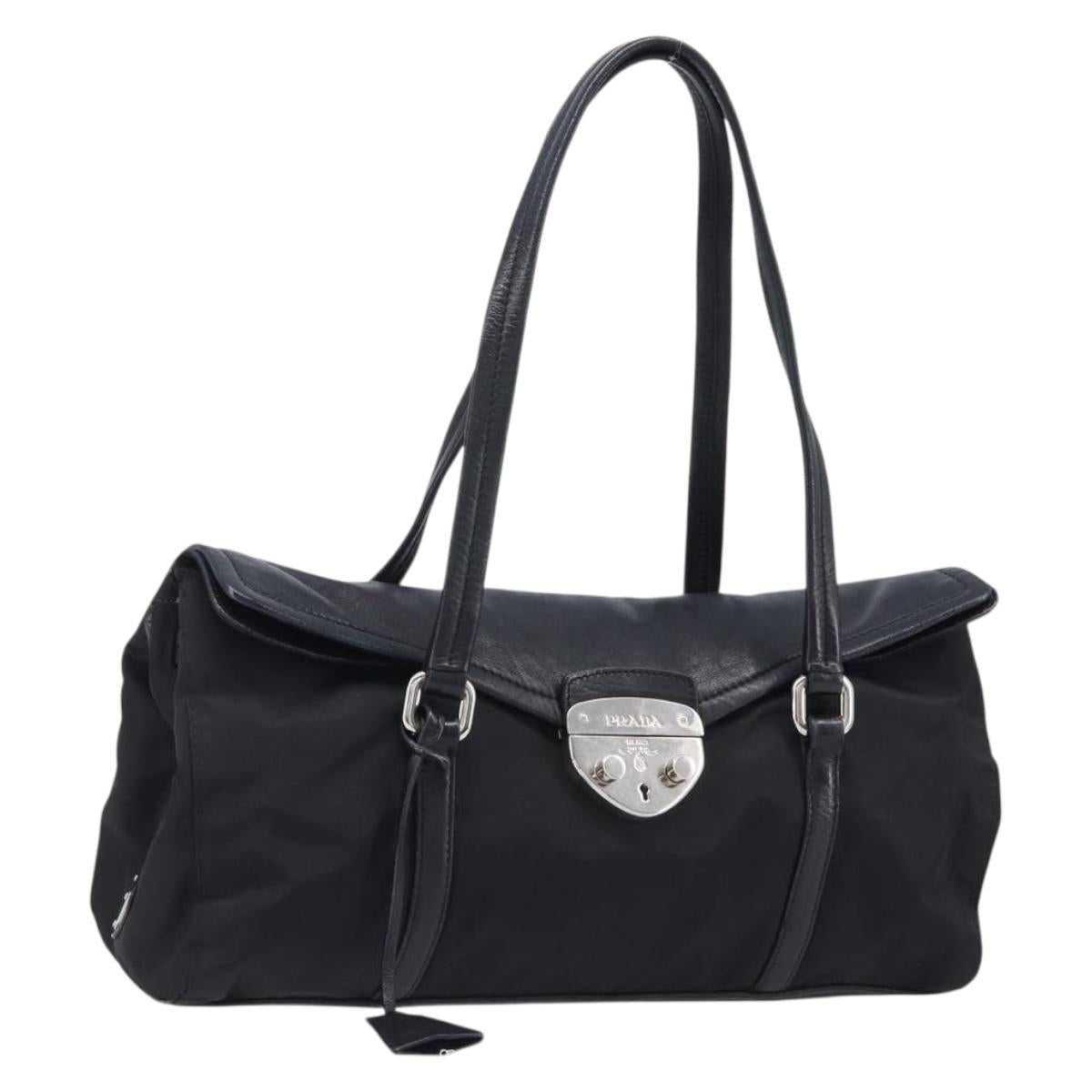 PRADA Hand Bag Nylon Leather Black Silver Auth 204382A