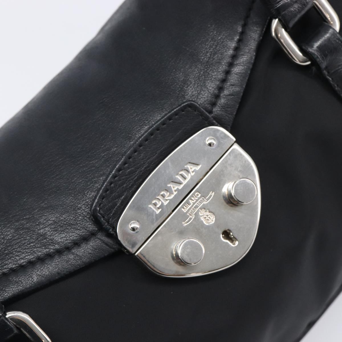 PRADA Hand Bag Nylon Leather Black Silver Auth 204382A