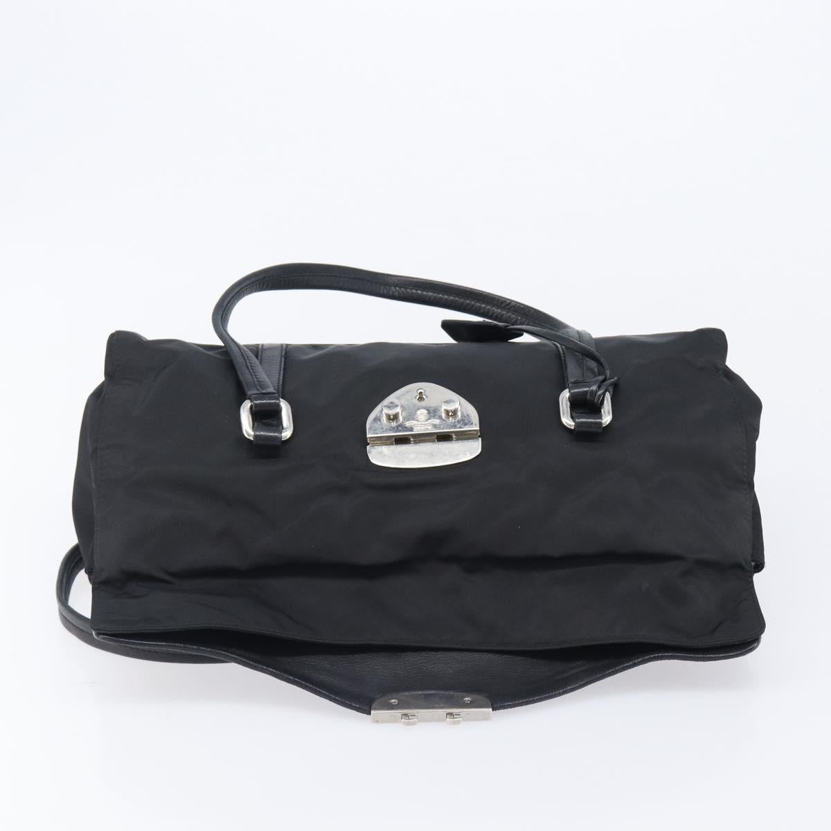 PRADA Hand Bag Nylon Leather Black Silver Auth 204382A