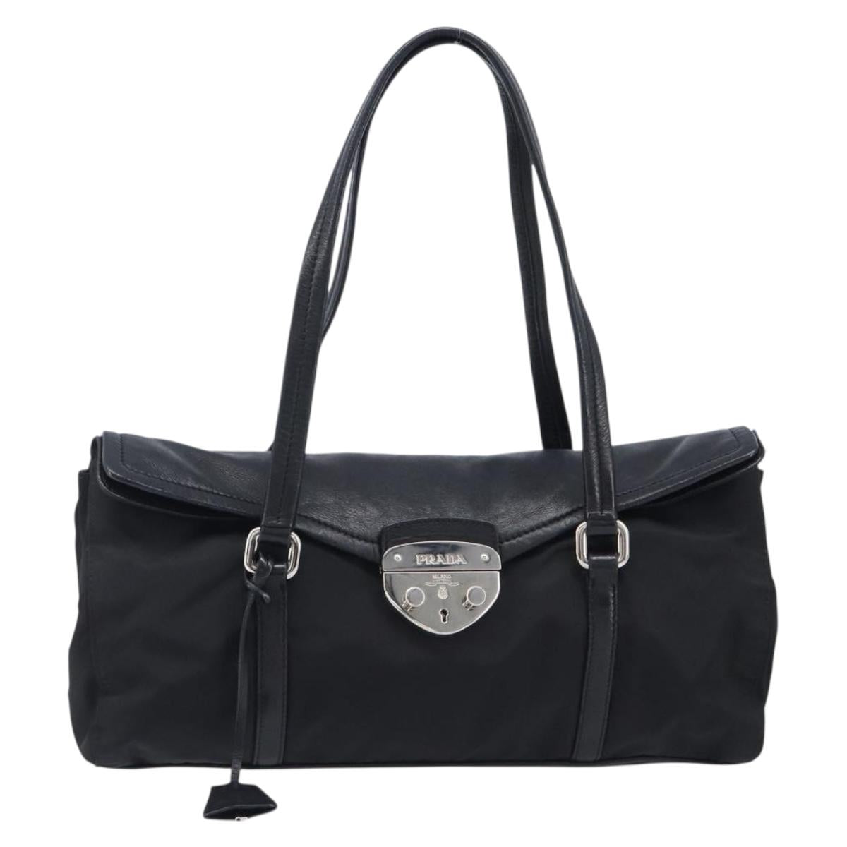PRADA Hand Bag Nylon Leather Black Silver Auth 204382A