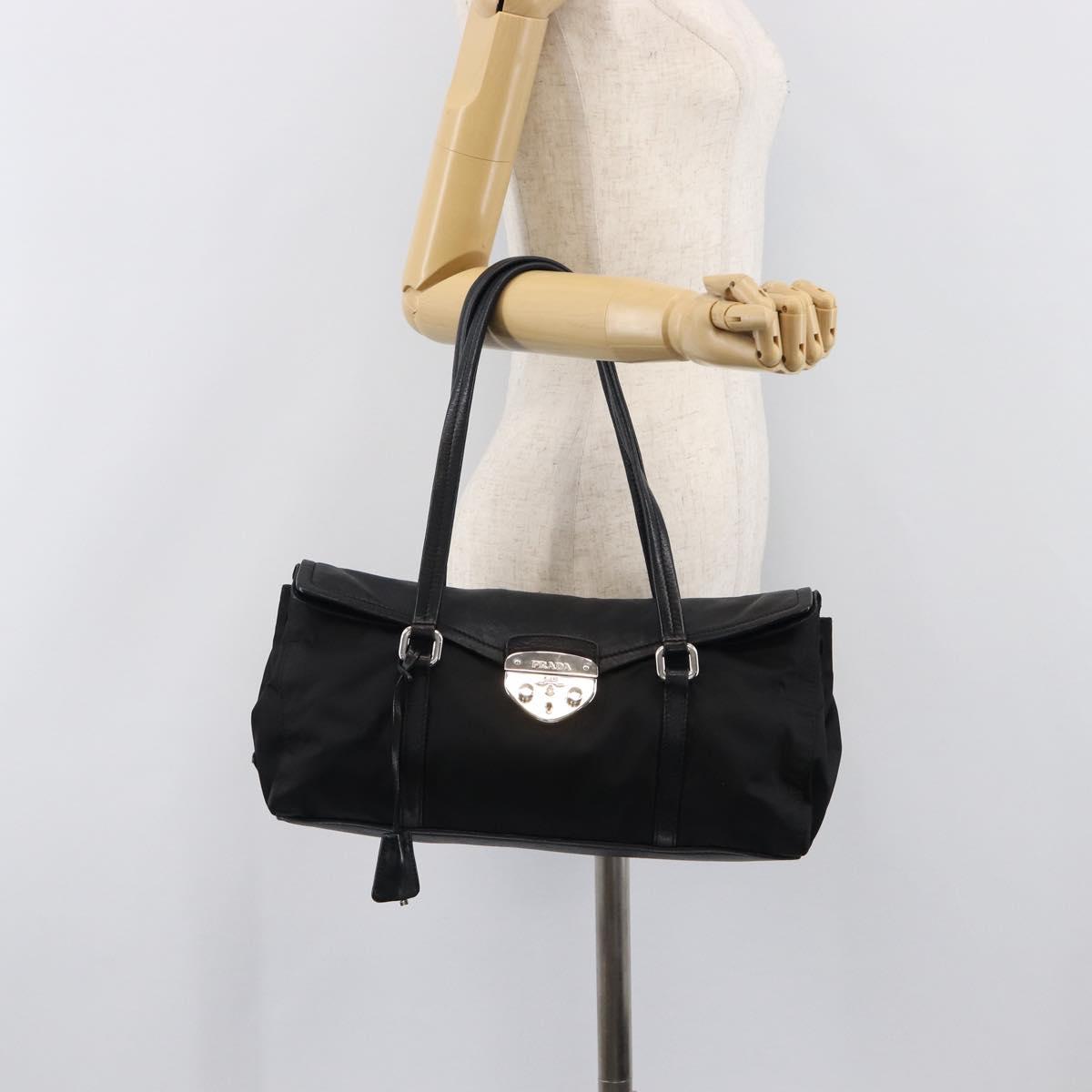PRADA Hand Bag Nylon Leather Black Silver Auth 204382A