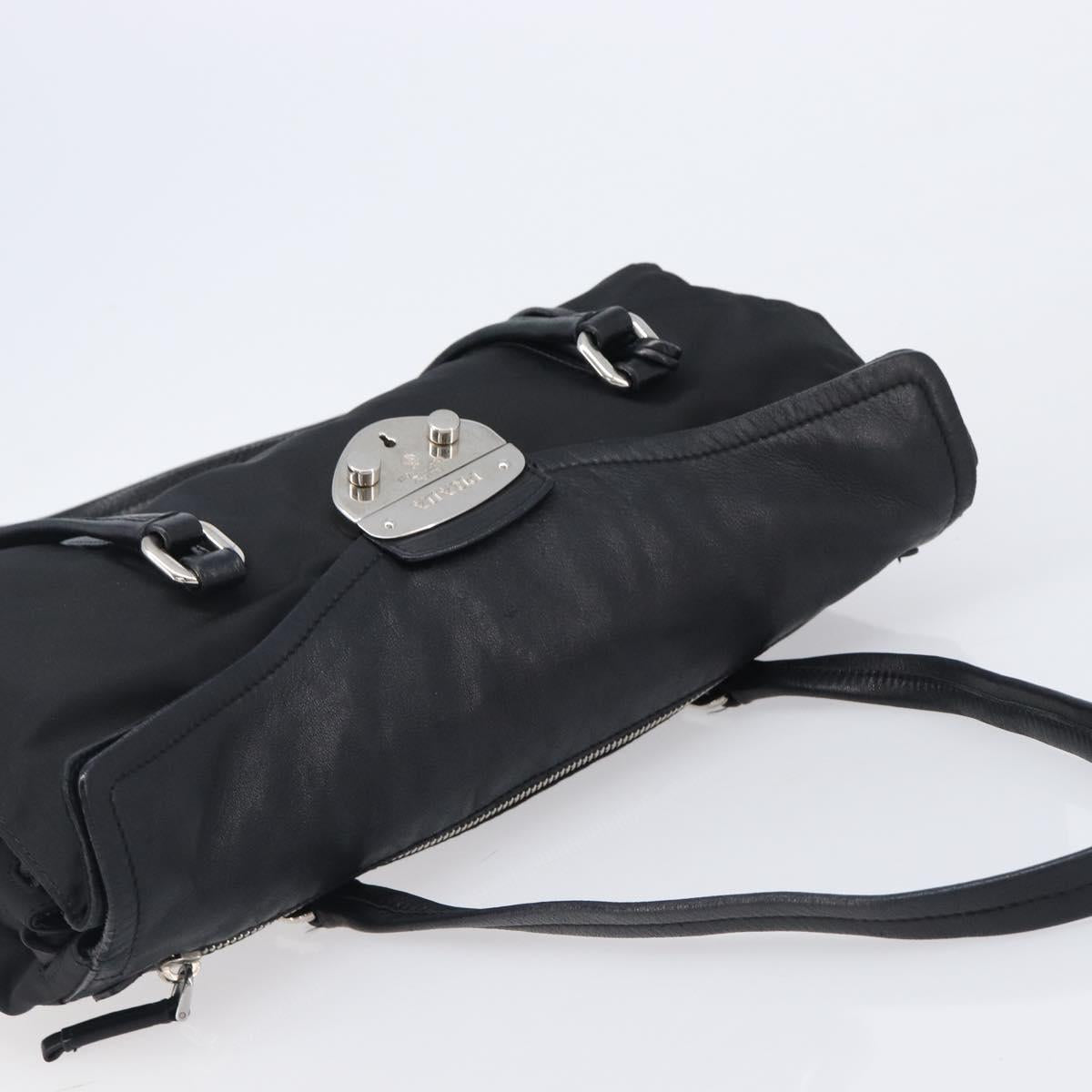 PRADA Hand Bag Nylon Leather Black Silver Auth 204382A