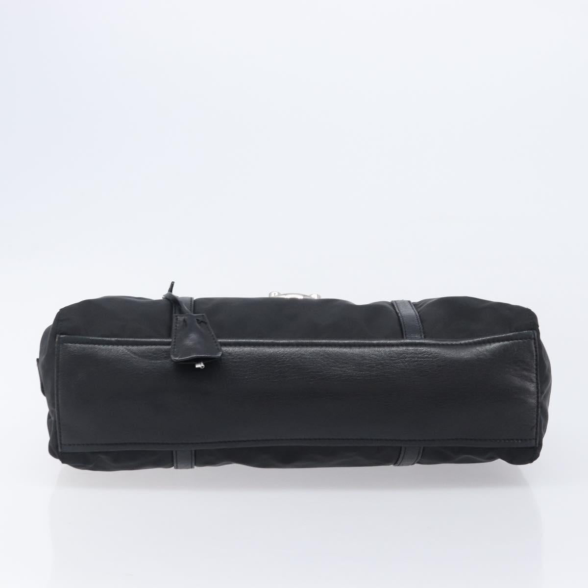 PRADA Hand Bag Nylon Leather Black Silver Auth 204382A