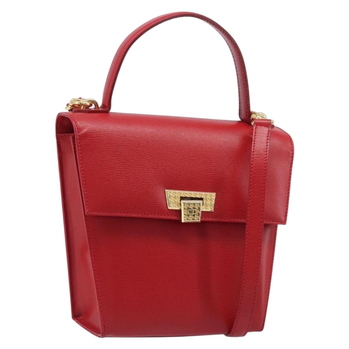 Christian Dior Hand Bag Leather 2way Red Gold Auth 204392