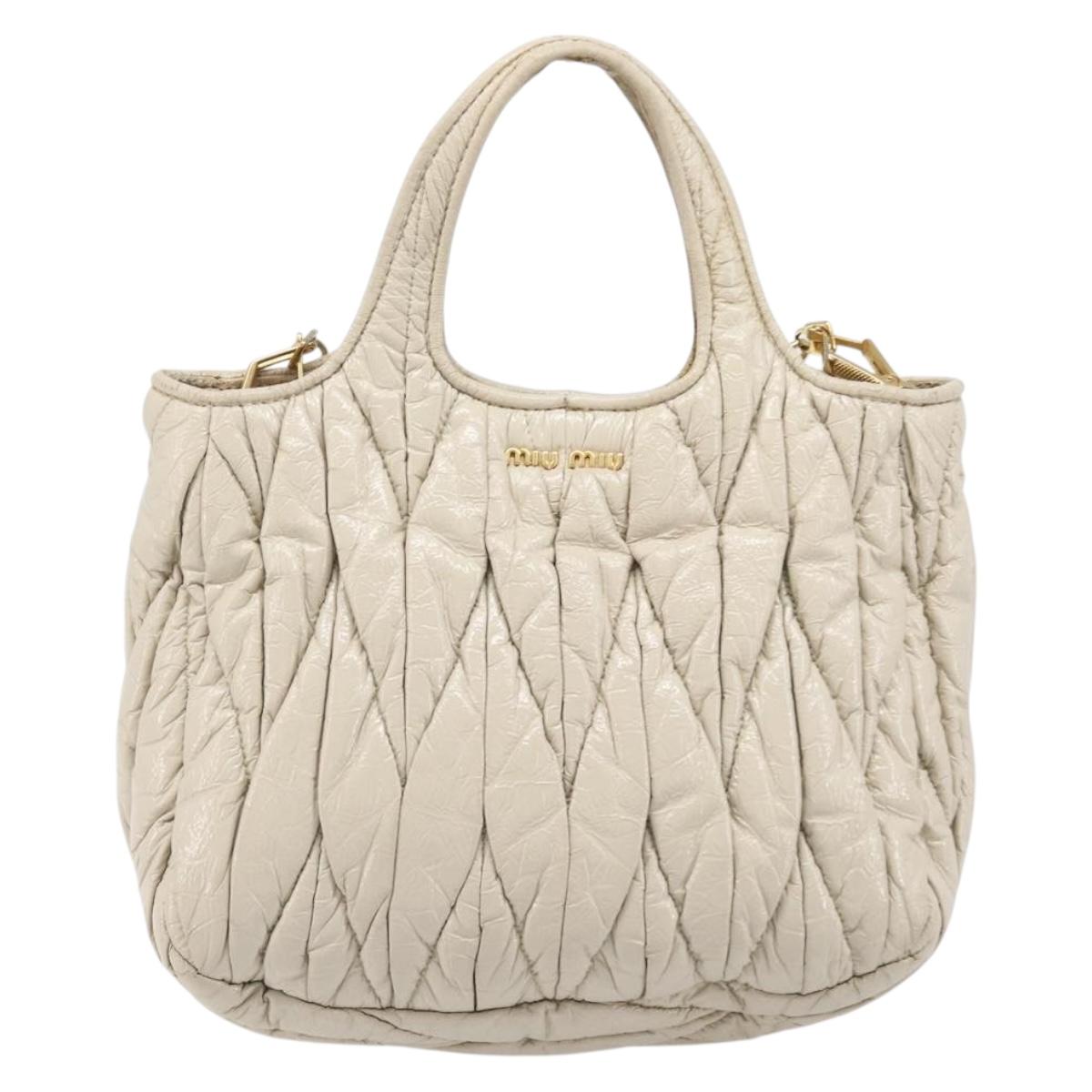 Miu Miu Matelasse Hand Bag Patent leather 2way White Gold Auth 204394