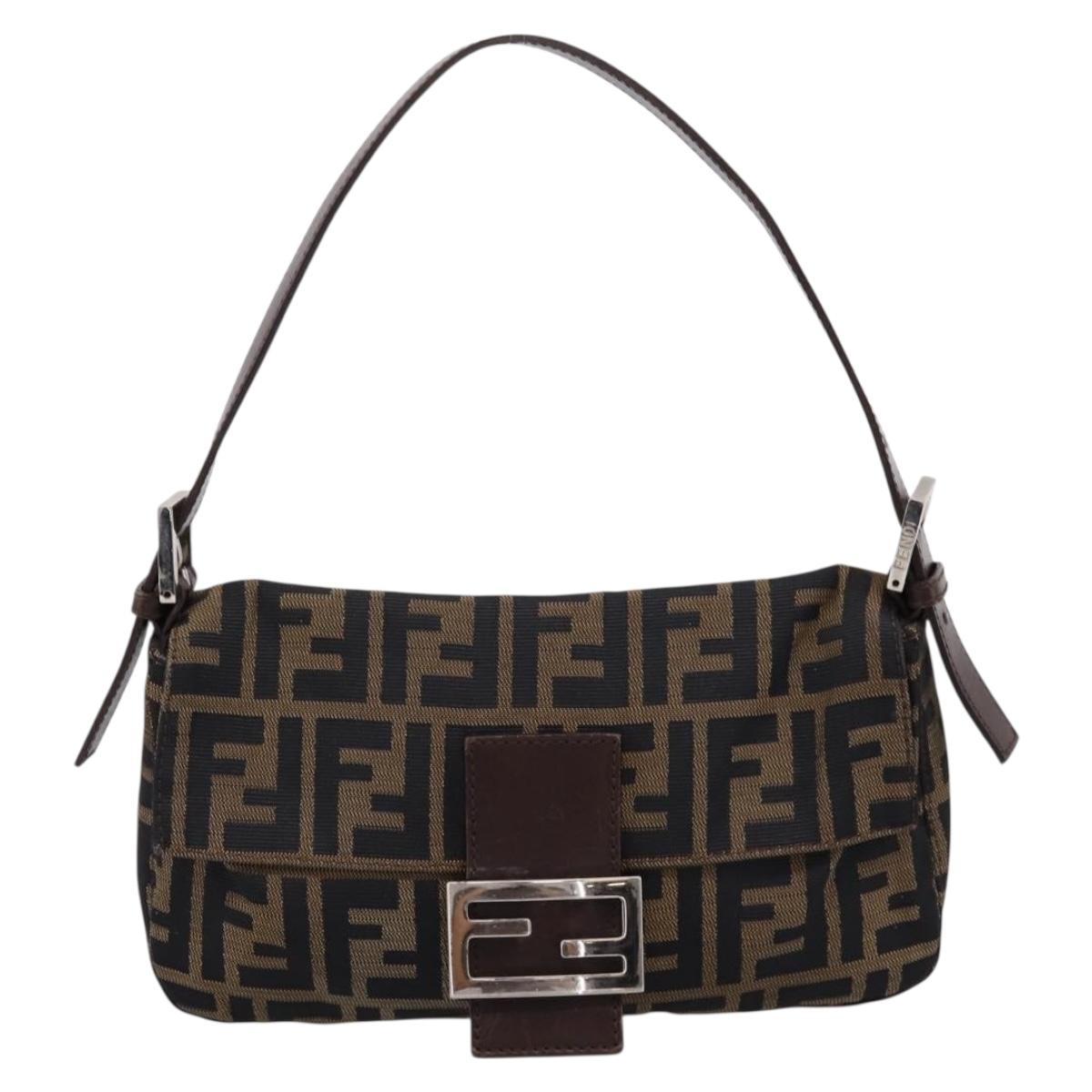 FENDI Zucca Canvas Mamma Baguette Shoulder Bag Black Brown Auth 204395V